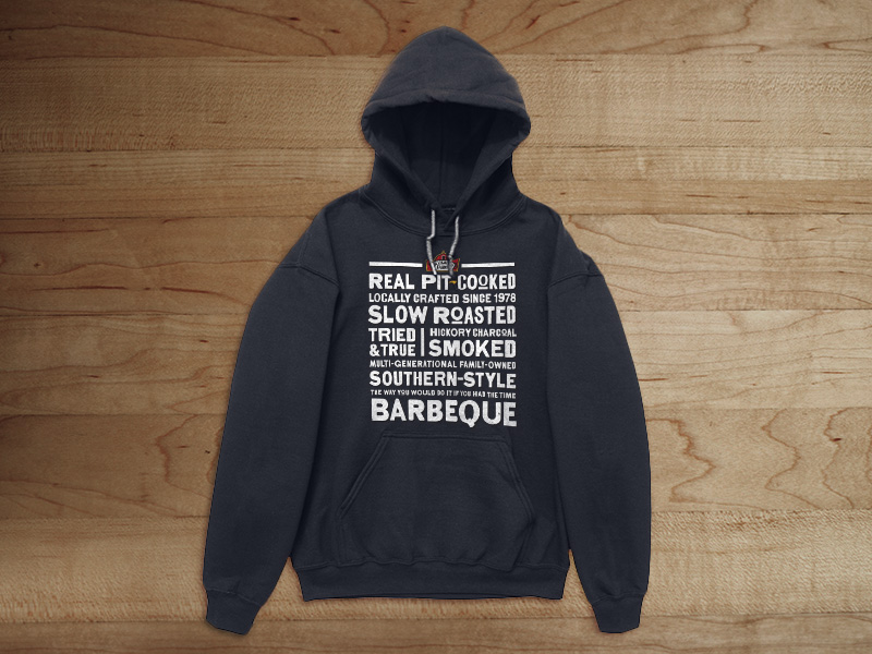 black hoodie with bbq related text