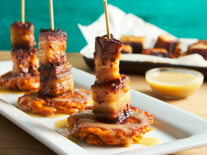 Chorizo Sweet-P Cakes with Glazed Pork Belly Skewer